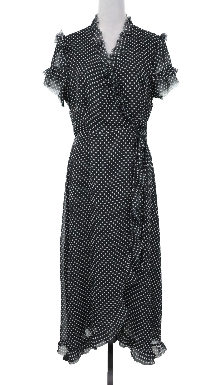 Lulus Dress Womens Large Black White Polka Dot Wrap Ruffle Trim Raw Edges Lined